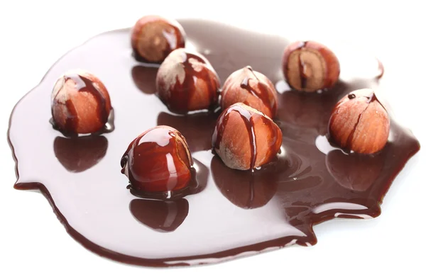 Delicioso avellana y jarabe de chocolate aislado en blanco — Foto de Stock