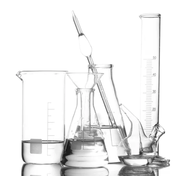 Different laboratory glassware with water and empty with reflection isolated on white — Stock Photo, Image