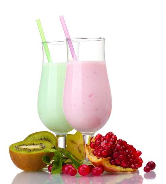 Milk shakes with fruits isolated on white — Stock Photo, Image