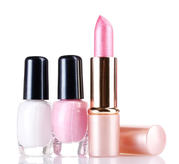 Pink lipstick and nail polish isolated on white — Stock Photo, Image