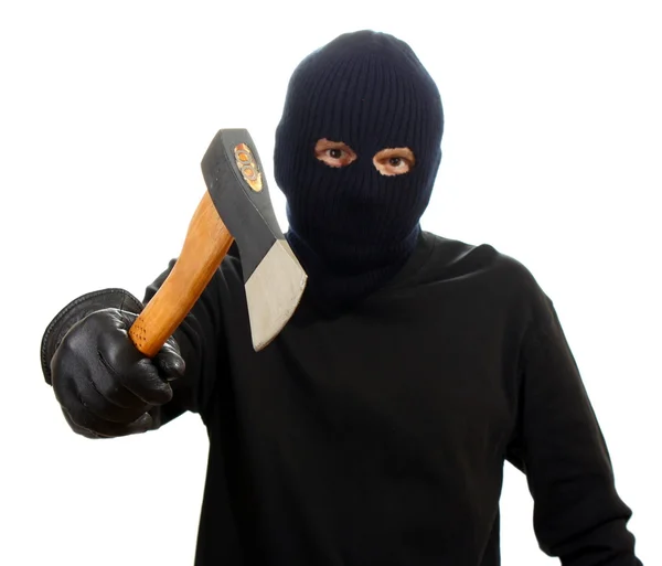 Bandit in black mask with hatchet isolated on white — Stock Photo, Image