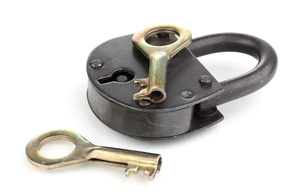 Retro hangslot met sleutels geïsoleerd op wit — Stockfoto