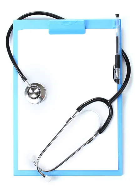 Stethoscoop en blauw Klembord geïsoleerd op wit — Stockfoto