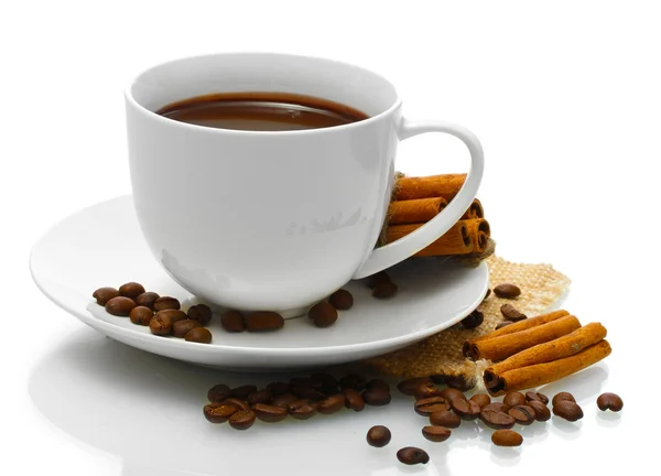 Šálek kávy, fazole a skořicových tyčinek izolovaných na bílém — Stock fotografie