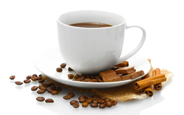 Cup of coffee and beans, cinnamon sticks and chocolate isolated on white — Stock Photo, Image