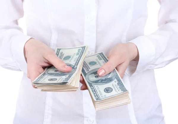 Американських доларів в руках жінок на білому фоні — стокове фото