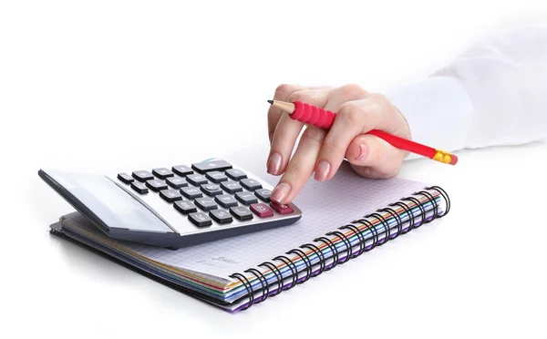 Vrouwen handen met potlood-, laptop- en rekenmachine geïsoleerd op wit — Stockfoto