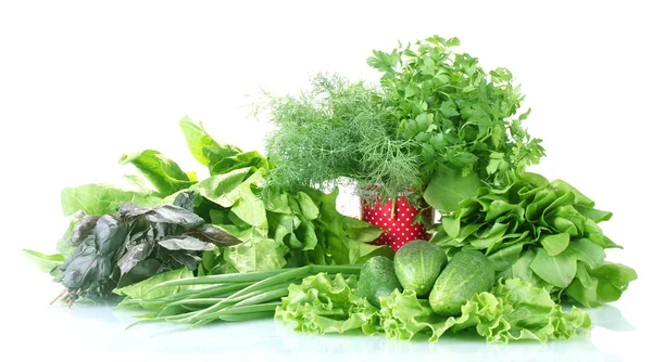 The composition of the various herbs and vegetables isolsted on white — Stock Photo, Image