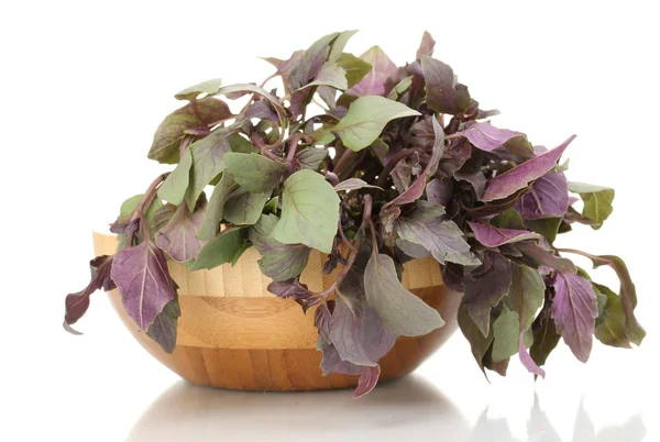 Fresh basil in wooden bowl isolated on white — Stock Photo, Image