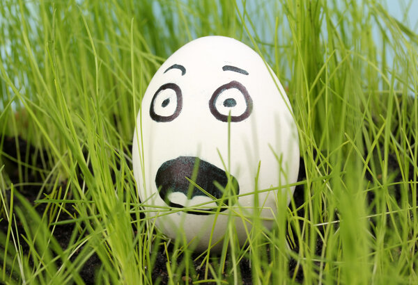 Белое яйцо со смешным лицом в зеленой траве
