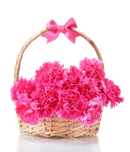 Bonitos cravos cor-de-rosa em cesta isolada em branco — Fotografia de Stock