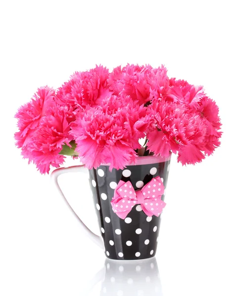 Bouquet of carnations in a cup isolated on white — Stock Photo, Image