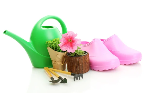 喷壶、 胶鞋、 工具和植物的花盆上白色隔离 — 图库照片