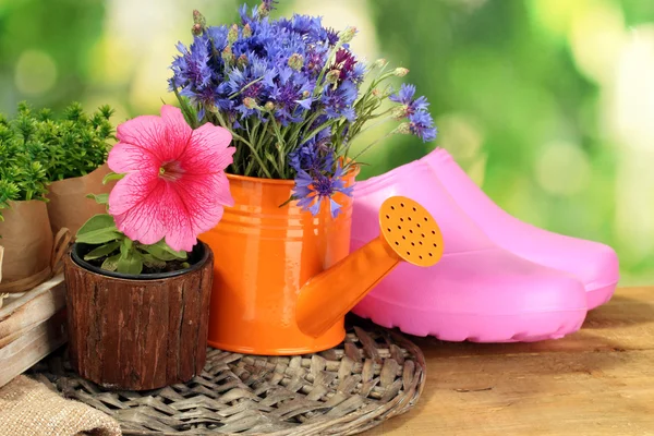 Konewka, gumowe buty i kwiaty na drewnianym stole na zielonym tle — Zdjęcie stockowe