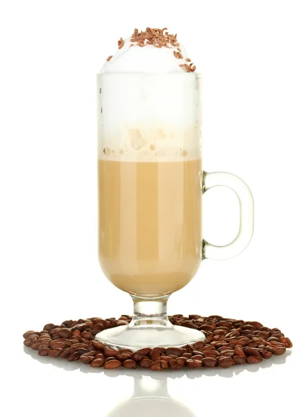 Glass of coffee cocktail with coffee beans isolated on white — Stock Photo, Image