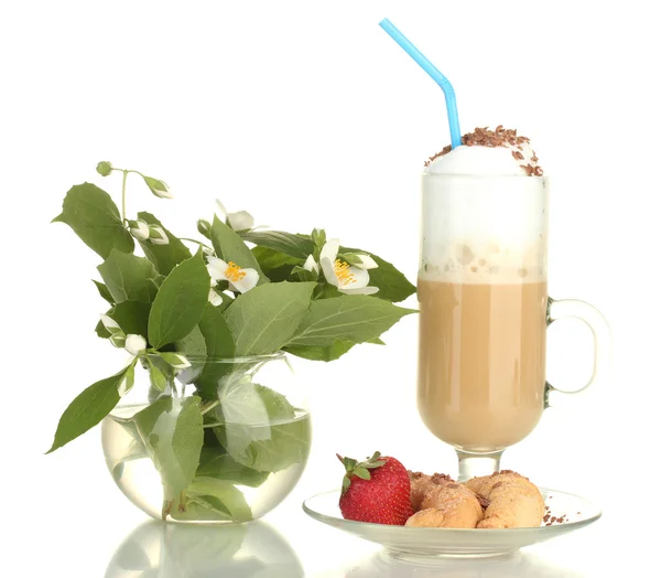 Glass of coffee cocktail with croissants and strawberry on saucer and vase with flowers isolated on white — Stock Photo, Image