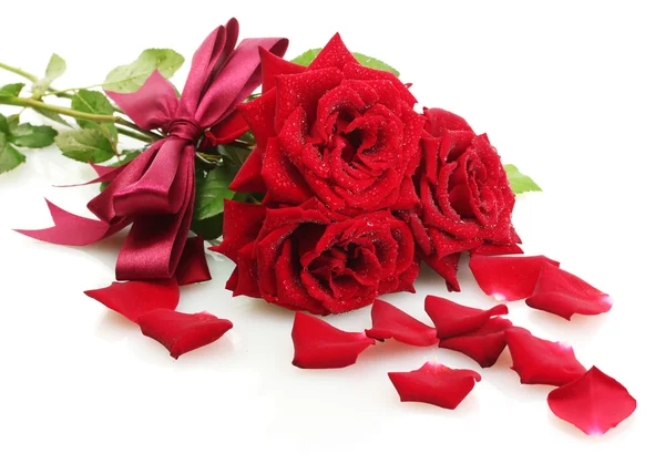 Três belas rosas vermelhas com gotas isoladas em branco — Fotografia de Stock