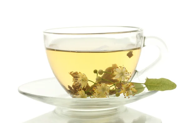 Cup of linden tea and flowers isolated on white — Stock Photo, Image