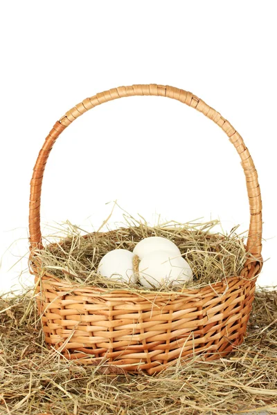 Ovos brancos em uma cesta de vime em feno em fundo branco close-up — Fotografia de Stock
