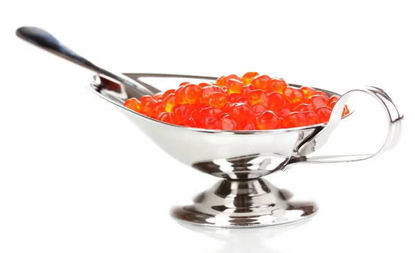 Caviar rouge dans un bol en argent isolé sur blanc — Photo