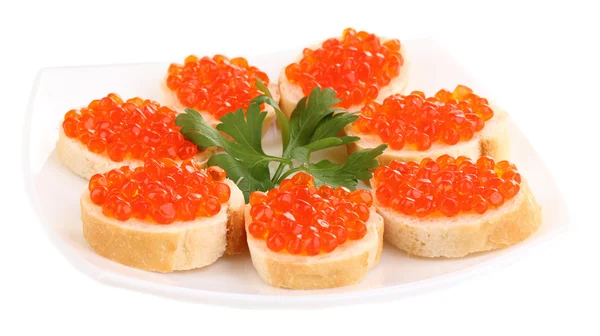 Red caviar on bread on white plate isolated on white — Stock Photo, Image