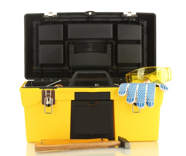 Offene gelbe Werkzeugkiste mit Werkzeugen auf weißem Hintergrund — Stockfoto