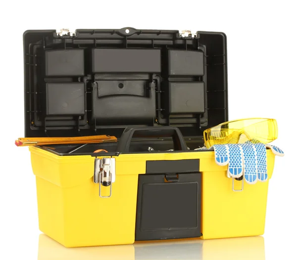 Otevřené žluté nástroj box s nástroji izolovaných na bílém pozadí — Stock fotografie