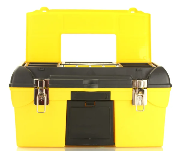 Caja de herramientas de color amarillo abierto aislado en primer plano blanco —  Fotos de Stock