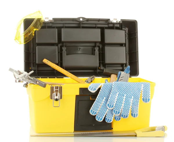 Boîte à outils ouverte jaune avec outils isolés sur fond blanc — Photo