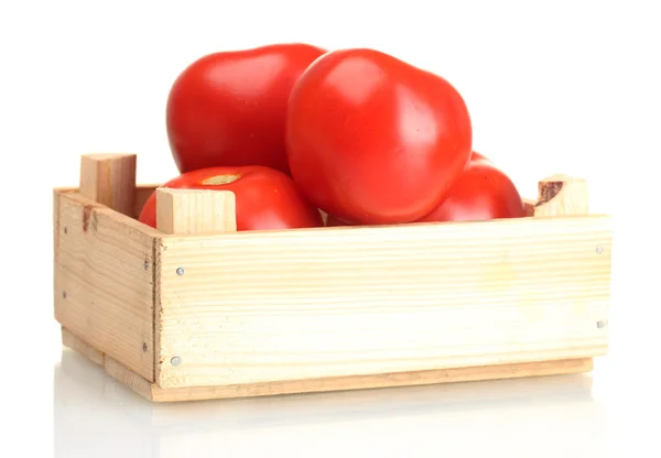 Ripe red tomatoes in wooden box isolated on white — Stock Photo, Image