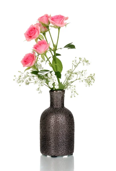 Pink roses in vase isolated on white — Stock Photo, Image