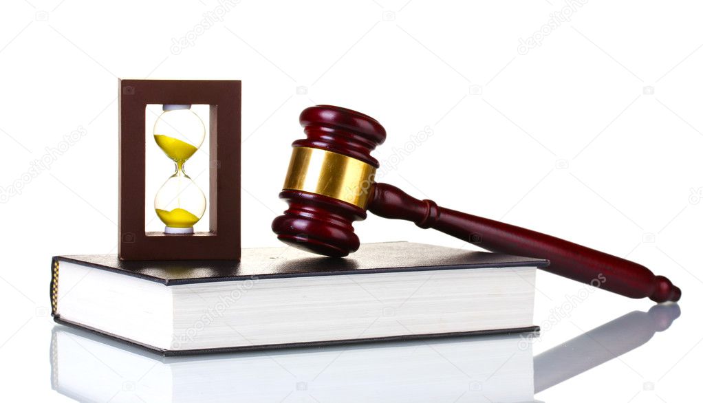 Wooden gavel, book and hourglass isolated on white