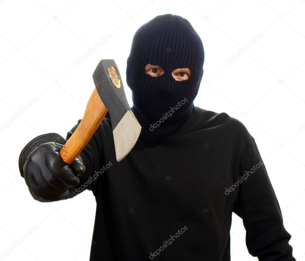 Bandit in black mask with hatchet isolated on white