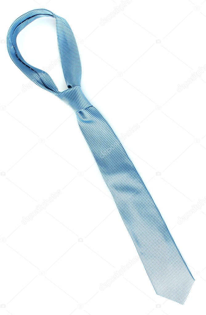 Blue tie on wooden hanger isolated on white