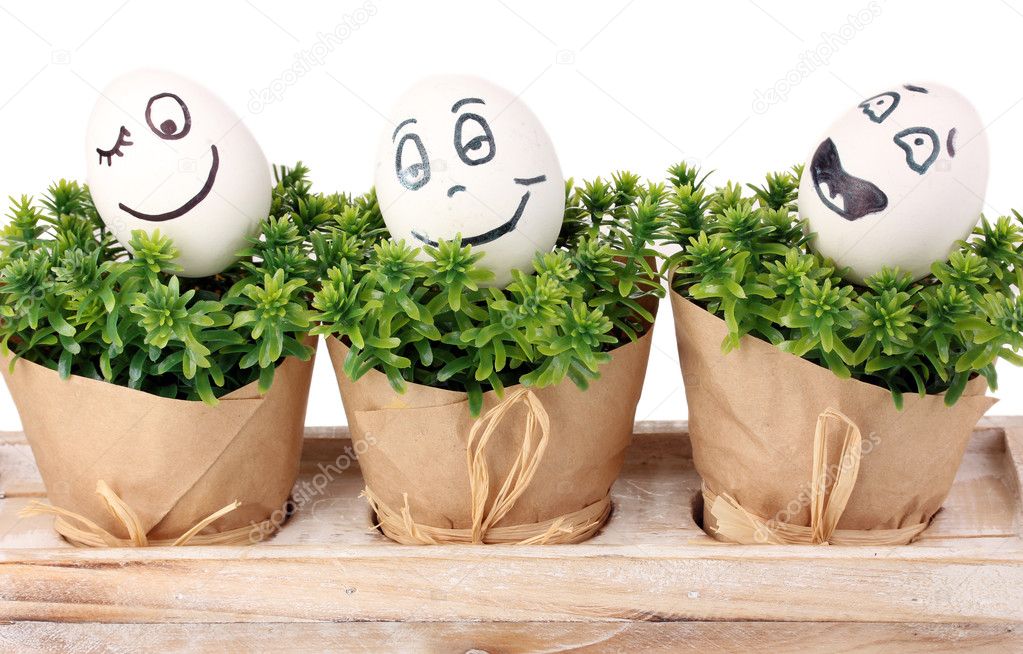 White eggs with funny faces on green bushes