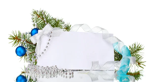 白紙のはがき、クリスマス ボール、白で隔離されるモミ — ストック写真