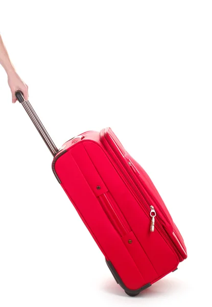 Seyahat çantası ve üzerinde beyaz izole el — Stok fotoğraf