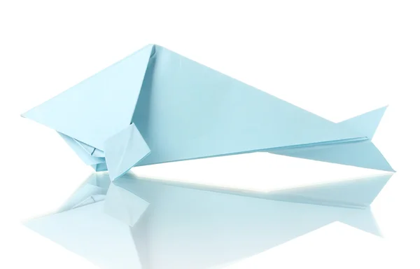 Origami vissen uit de blauwe papier geïsoleerd op wit — Stockfoto