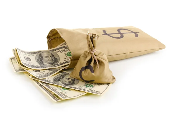 Taschen mit Geld isoliert auf weiß — Stockfoto