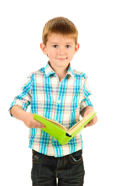 Смешной маленький мальчик с книгой, изолированной на белом — стоковое фото