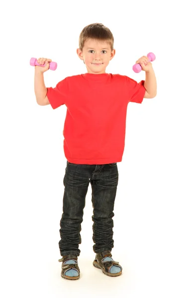 Portret van kleine jongen met halters geïsoleerd op wit — Stockfoto