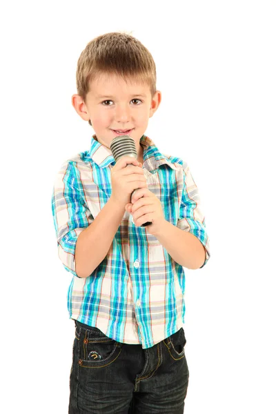 Petit garçon drôle avec microphone, isolé sur blanc — Photo