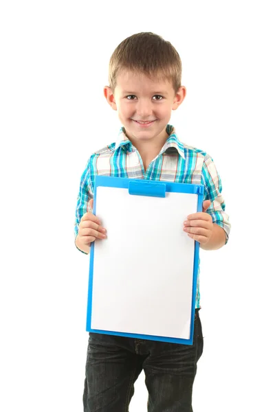 Retrato de menino feliz com prancheta isolada em branco — Fotografia de Stock