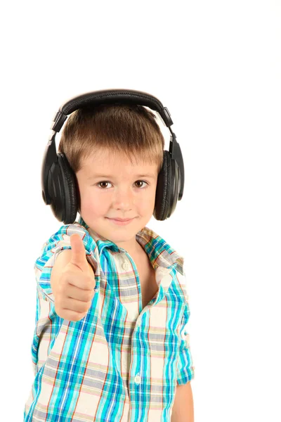 Divertido niño con auriculares aislados en blanco — Foto de Stock