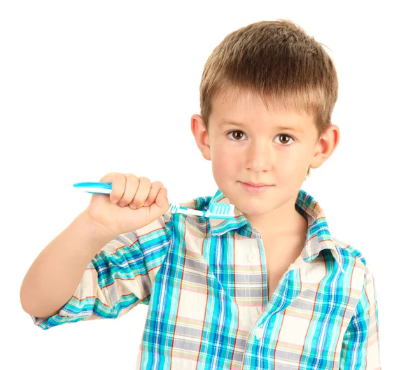 Lustiger kleiner Junge mit Zahnbürste isoliert auf weiß — Stockfoto