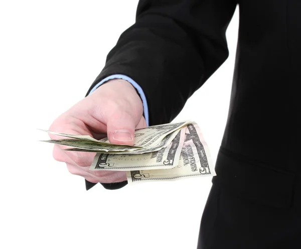 Homem de negócios mão segurando dinheiro isolado em branco — Fotografia de Stock