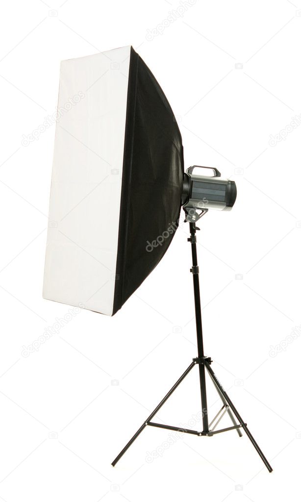 Studio flash with soft-box on white background