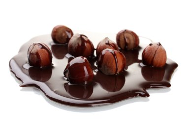 Delicious hazelnut and chocolate syrup isolated on white clipart