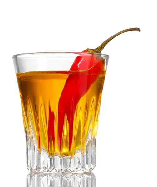 Bottle and glass of pepper vodka and red chili pepper isolated on white — Stock Photo, Image