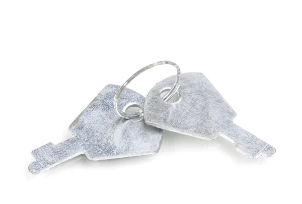 Két kulcs elszigetelt fehér fém gyűrű — Stock Fotó